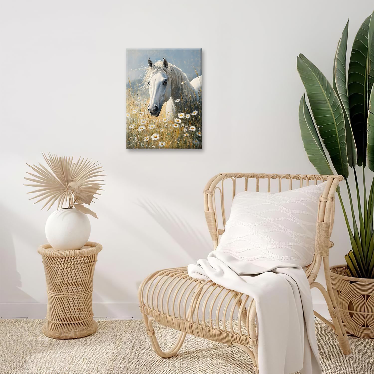 Spaexor Horse Wall Art, White Horse Flowers Pictures Wall Decor, Animal Canvas Prints Painting Frame Artwork for Living Room Bathroom Bedroom